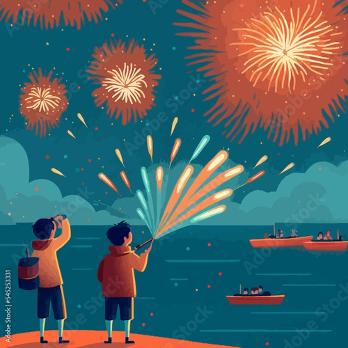Vector illustration of kids shooting new years fireworks