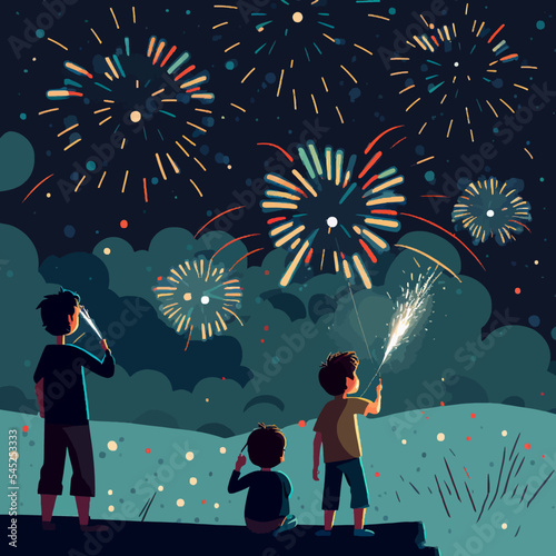 Vector illustration of kids shooting new years fireworks