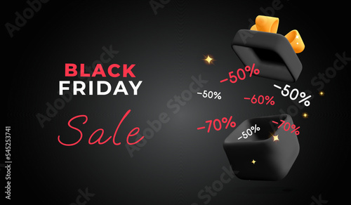 Black Friday Sale discount percent inside floating open gift box with gold yellow ribbon bow horizontal promo banner template 3d vector design