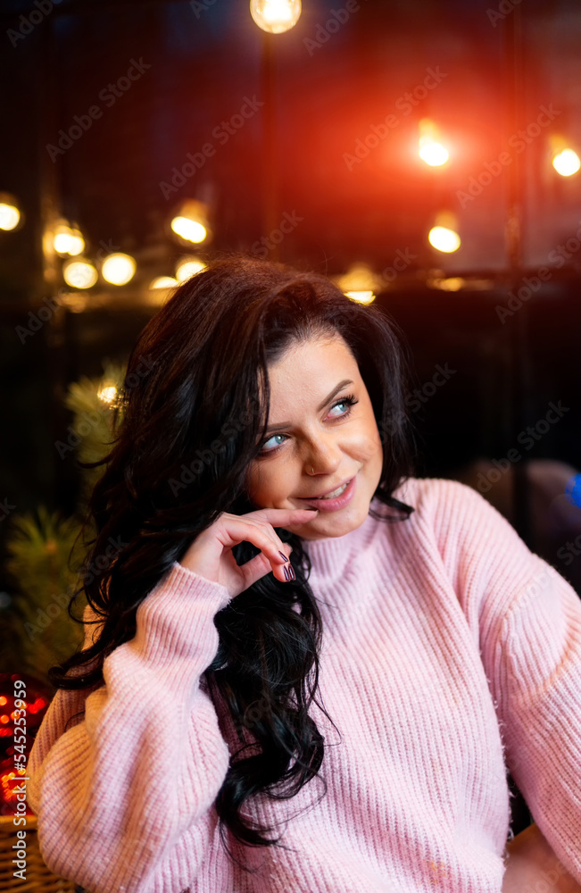 Pretty lady in sweater with christmas vibe. New year holidays celebration woman. Pretty lady in sweater with christmas vibe. New year holidays celebration woman.