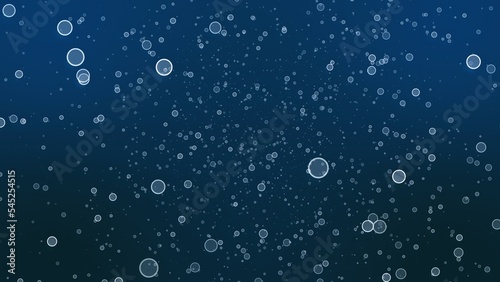Bubbles of oxygen in the depth of blue water. 3D rendering cartoon round air bubbles floating under water. Sea water background with air bubbles. White circles, bokeh effect on a blue background.