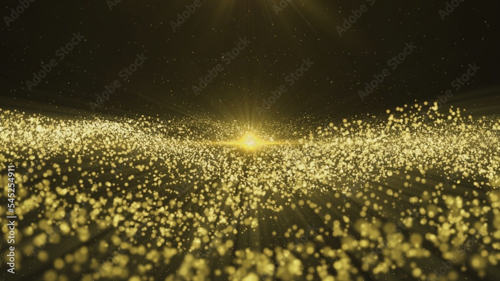 Background of sparkling golden dust bokeh with beam of light in the center on black background. Shiny golden stars, glow glitter particles, confetti. Festive background for holiday, birthday, party.