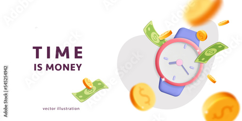 3d vector alarm Clock timer with flying explosion gold dollar coins and banknote text Time is money concept banner design