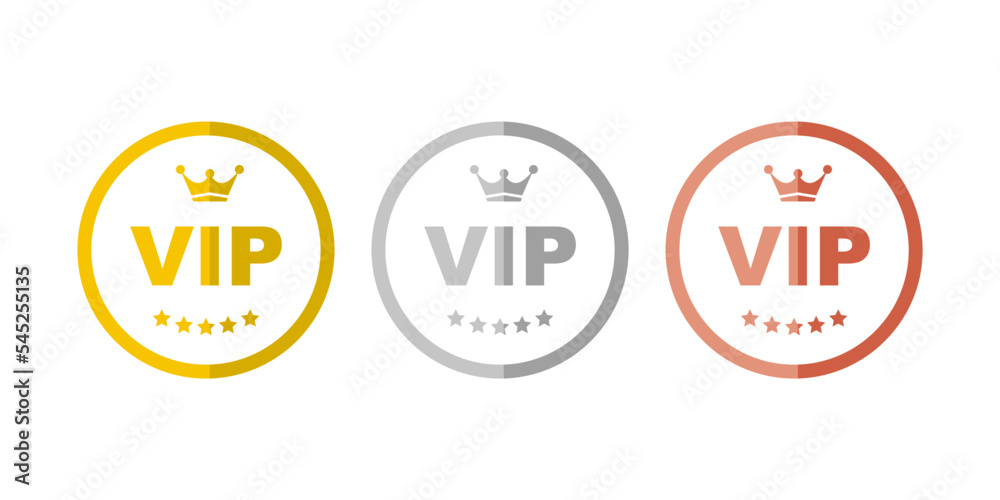 Set VIP badges in gold, silver and bronze color. Round label with three vip level. Gold Set VIP badges in gold, silver and bronze color. Round label with three vip level. Gold