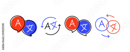 Set of logo for translator app. Chat bubbles with translate icon. Translation app icon Isolated on white background. Online Translator. Icon for translator app. Online multi language translator