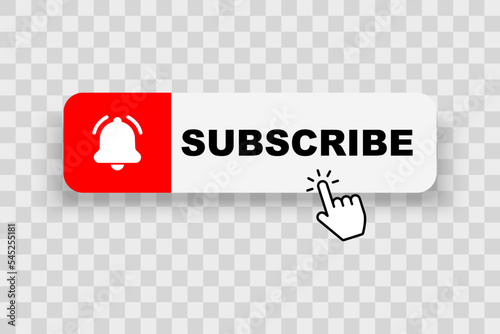 Subscribe button with pointer clicking. Hand cursor clicking on subscribe button. Hand pointer icon. Social media web button, element channel, video content. Vector illustration