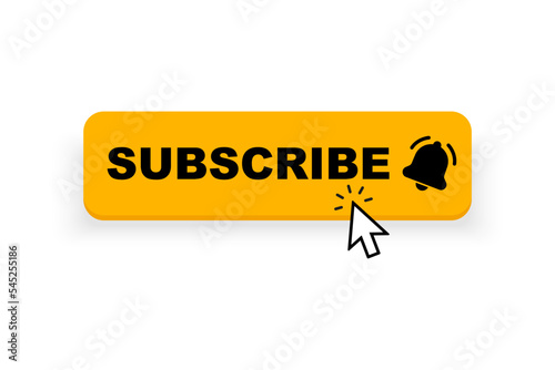 Subscribe button with pointer clicking. Arrow cursor, clicking on subscribe button. Social media web button, element channel, video content. Vector illustration