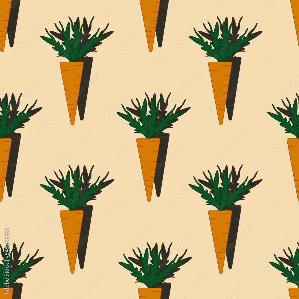 Seamless pattern with carrot on orange background with shadows. Print for wallpaper, bed linen and fabric. Seamless pattern with carrot on orange background with shadows. Print for wallpaper, bed linen and fabric.