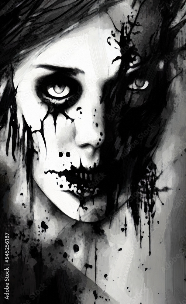 Digital painted illustration of fantasy scary zombie or vampire, horror character portrait. 