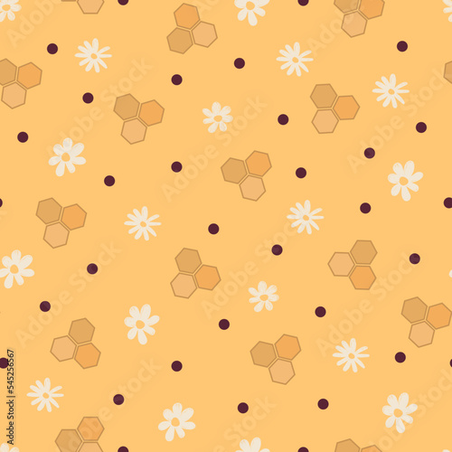 Pattern with honeycombs, daisies and dots. Seamless, vector illustration