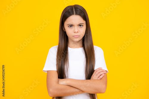 Angry teenage, upset and unhappy negative emotion. Negative emotion of teenager girl, Facial expression, aggressive behavior. Nervous child.