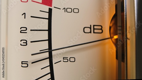 Photos Macro shot of indicator decibel meter on vintage reel to reel tape recorder