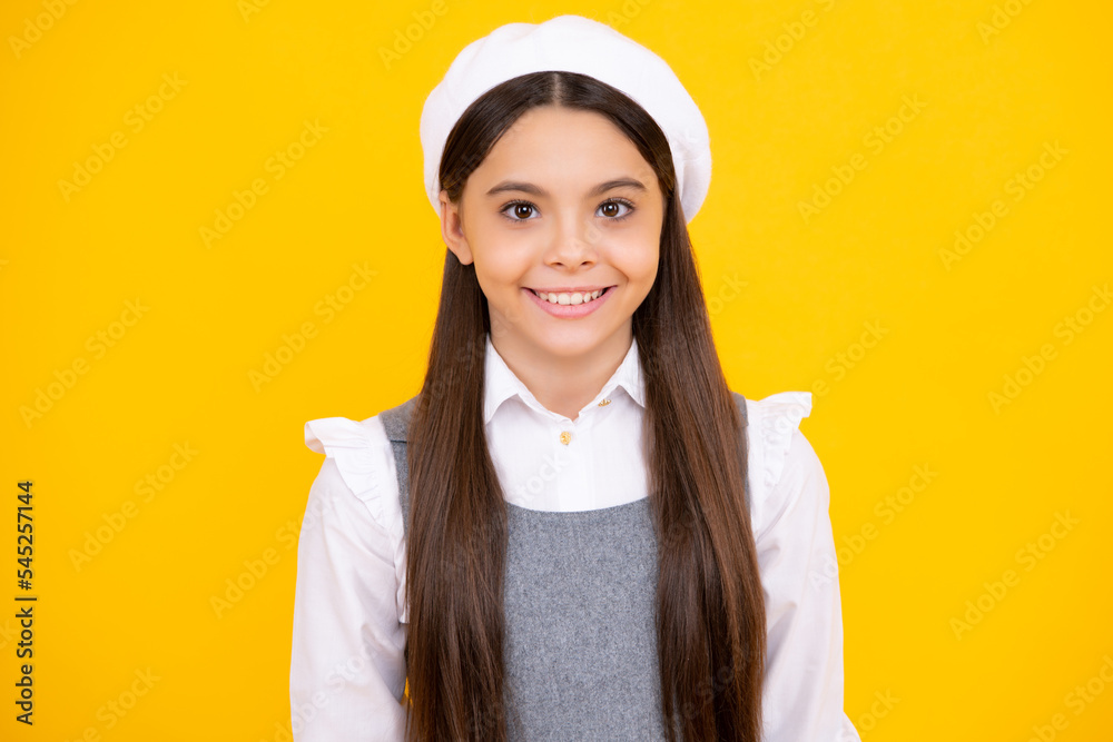 Happy face, positive and smiling emotions of teenager girl. Portrait of cute positive little girl isolated on yellow background. Attractive caucasian child smiling and looking at camera. Happy face, positive and smiling emotions of teenager girl. Portrait of cute positive little girl isolated on yellow background. Attractive caucasian child smiling and looking at camera.