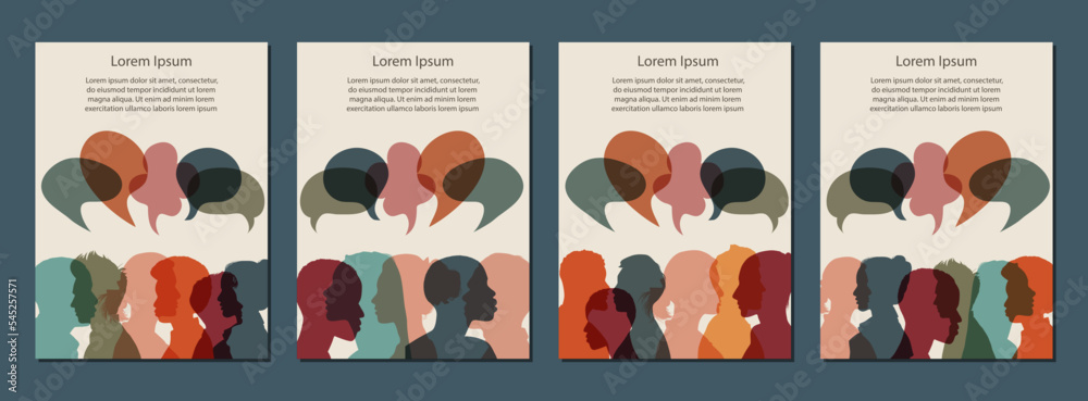 Heads faces colored silhouettes multicultural and multiethnic diversity female and male in profile with speech bubbles