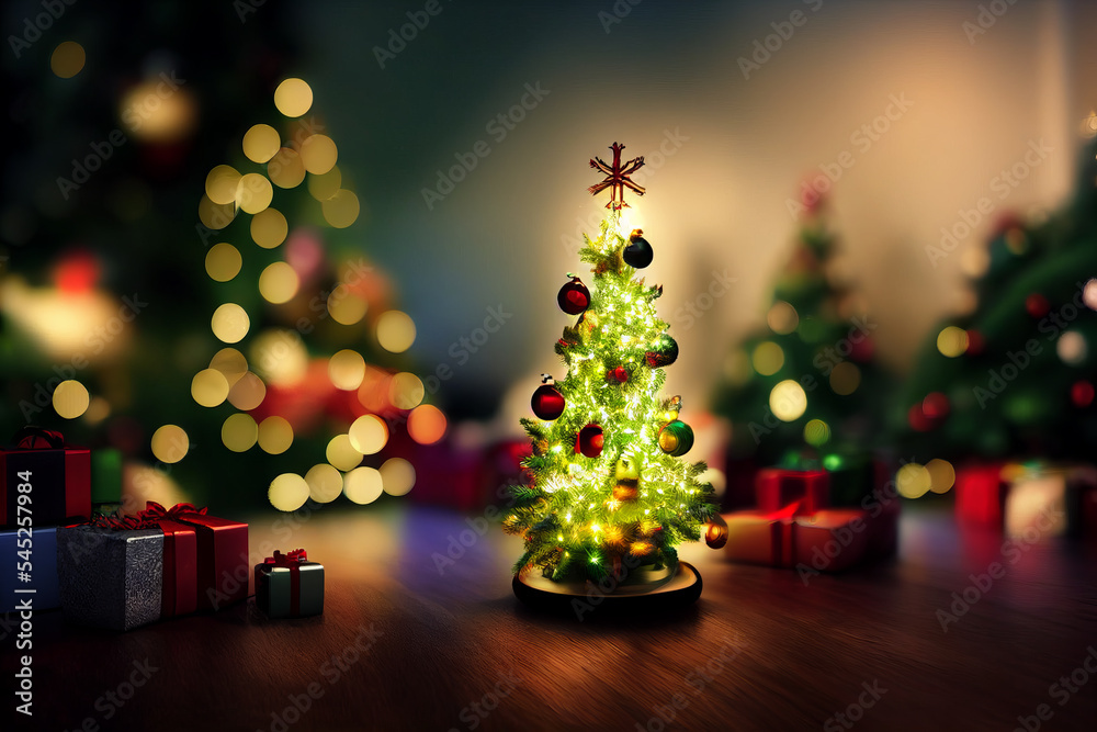 Small toy Christmas tree and small gift boxes on a wooden table with other blurry christmas trees on background. Small toy Christmas tree and small gift boxes on a wooden table with other blurry christmas trees on background.