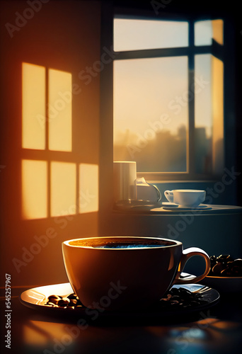Coffee cup on a table at a sunset. Evening coffee cup standing on a table. Coffee after work.