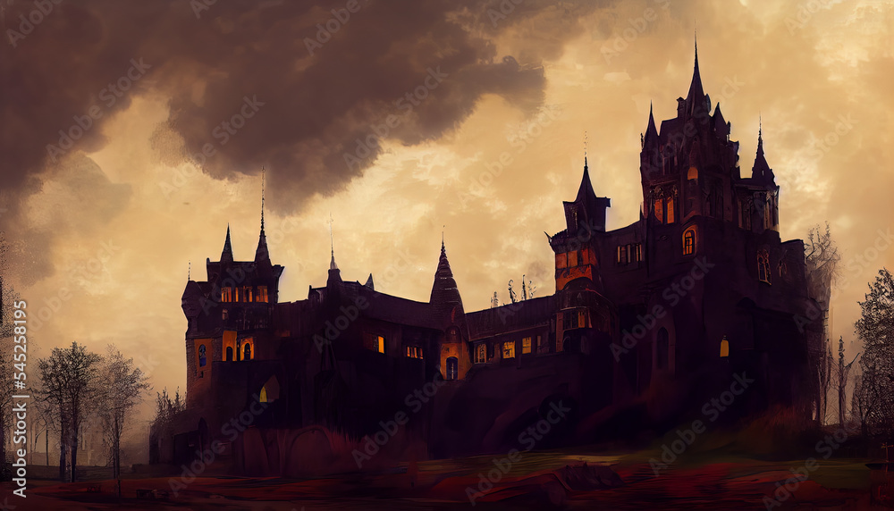 Illustration of old ancient castle with towers and spikes. View of autumn castle, dark and rusty.