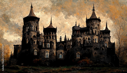Illustration of old ancient castle with towers and spikes. View of autumn castle, dark and rusty.
