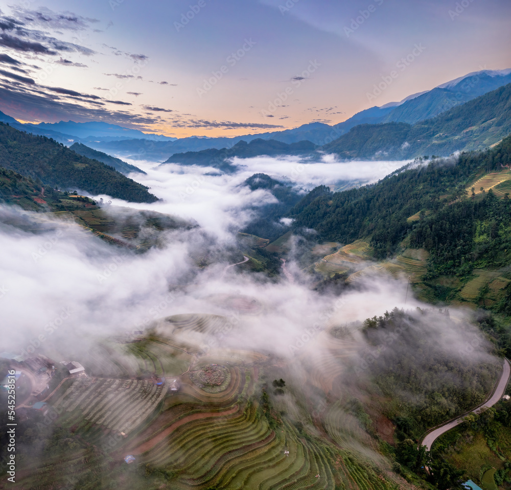 Rice fields on terraced prepare the harvest at Northwest Vietnam.