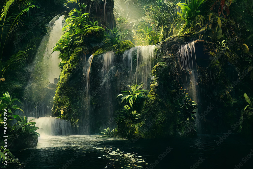 Jungle waterfall cascade in tropical rainforest. Tropical waterfall in jungles, illustration.