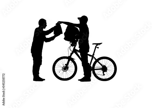 Black silhouette of cyclist handing over package of fast food to customer on white background. Courier delivery of orders, parcels and food. Fast delivery service by bike.