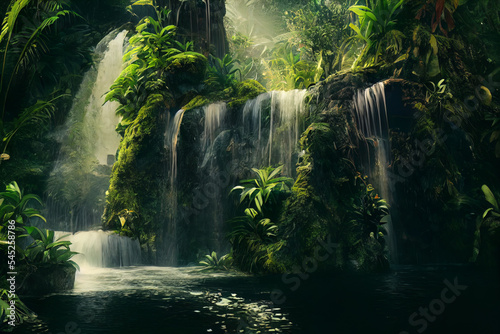 Jungle waterfall cascade in tropical rainforest. Tropical waterfall in jungles  illustration.
