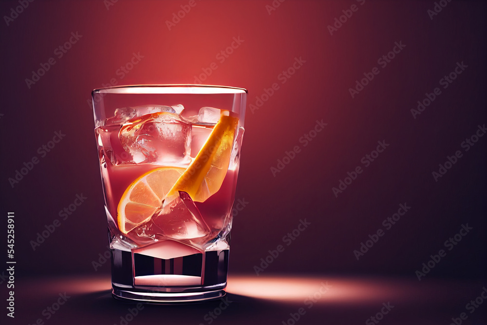 Red cocktail with lemon slices and ice cubes on red background. Cold red beverage with lemon and berries, illustration. Red cocktail with lemon slices and ice cubes on red background. Cold red beverage with lemon and berries, illustration.
