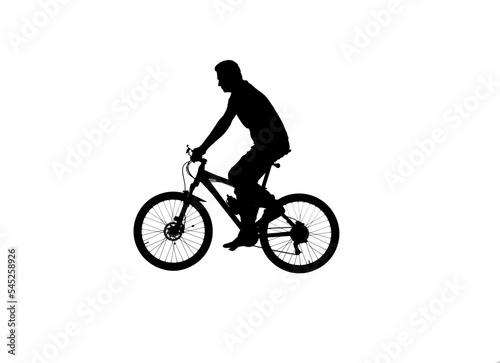 Side view on black silhouette of cyclist isolated on white background. Male bicyclist pedaling and riding a sports bike. Traveling, training, active rest. Active sporty people concept image.
