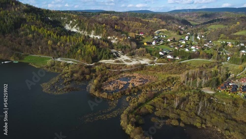 Aerial view of Myczkowskie lake, near Solina with Solina dam in Poland. Drone footage. photo