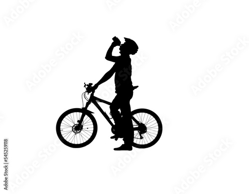 Side view on black silhouette of cyclist is drinking water from bottle on white background. Male bicyclist quenches thirst while cycling. Traveling, training, active rest. Active sporty people concept