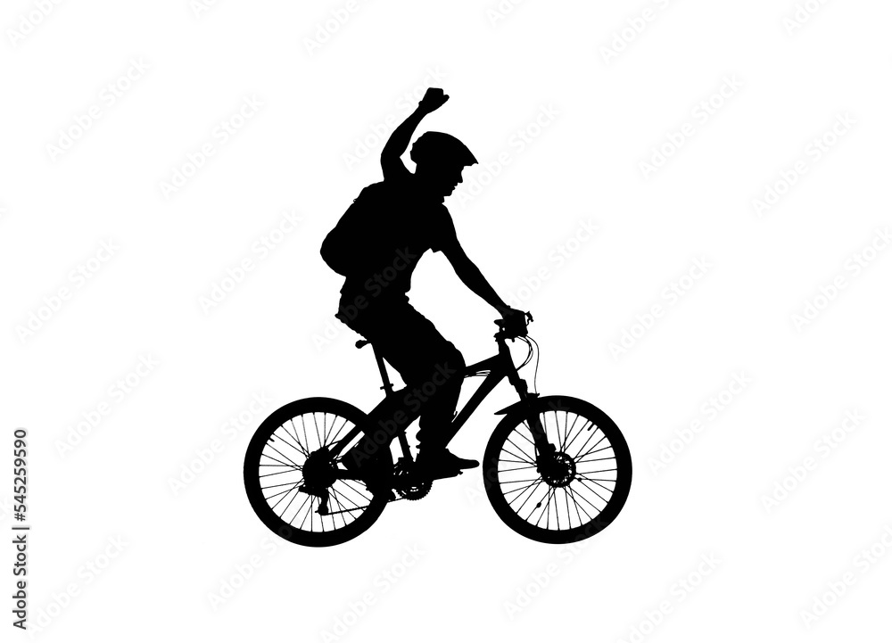 Fototapeta premium Side view on black silhouette of cyclist raising his hand in triumph and rejoicing in victory. Male bicyclist pedaling and riding sports bike on white background. Traveling, training, active rest.