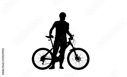 Black silhouette of cyclist in bicycle helmet isolated on white background. Male bicyclist standing next to a sports bike and looking to the side. Active sporty people concept image.