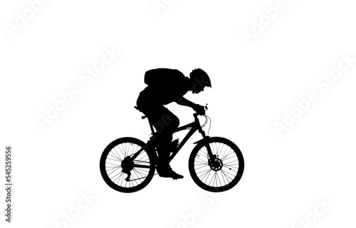 Side view on black silhouette of cyclist in bicycle helmet and with backpack on white background. Male bicyclist pedaling and riding a sports bike. Traveling, training, active rest.