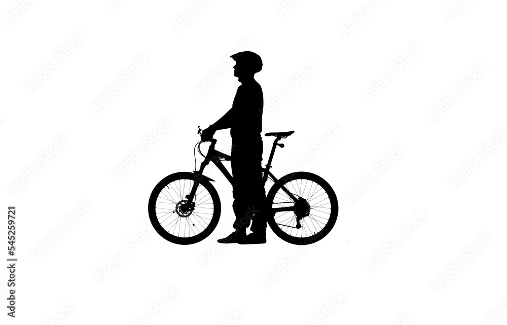 Side view on black silhouette of cyclist in bicycle helmet on white background. Male bicyclist standing next to a sports bike and looking to side. Active sporty people concept image. Side view on black silhouette of cyclist in bicycle helmet on white background. Male bicyclist standing next to a sports bike and looking to side. Active sporty people concept image.