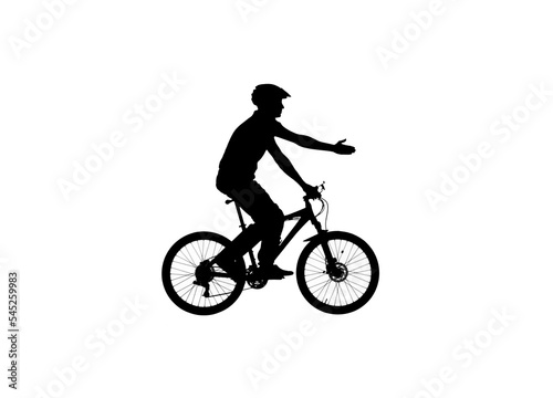 Side view on black silhouette of cyclist riding bicycle and pointing direction with his hand. Male bicyclist in sportswear and a bicycle helmet on white background. Traveling, training, active rest.