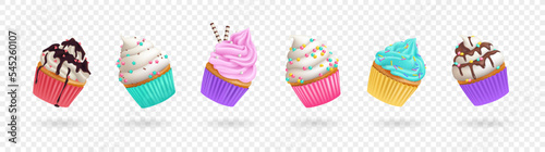 Set of realistic cupcakes with sprinkles, cream and icing isolated on transparent background. 3d vector illustration
