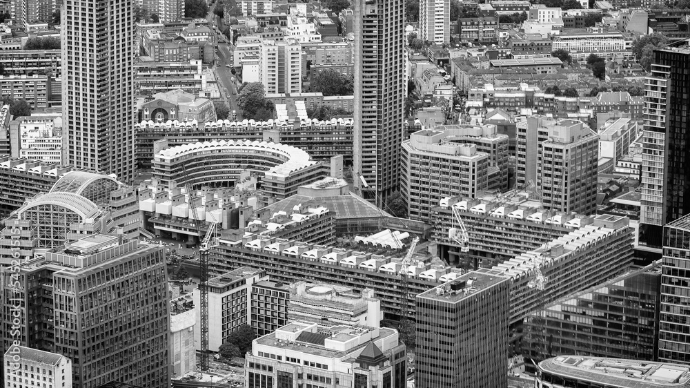 Aerial view of London modern buildings from helicopter