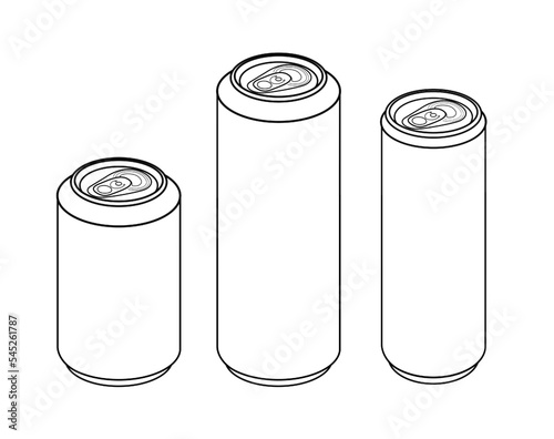 A set of three aluminium cans of different sizes. Minimalist vector illustration. For designs, logos, posters, prints, banners, decoration, mockups, templates. Buying concept
