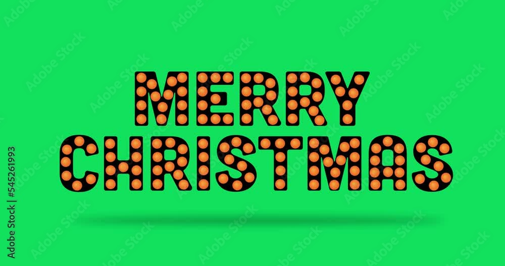 Merry Christmas text with light bulbs on green screen background. Merry Christmas text with flashing lights