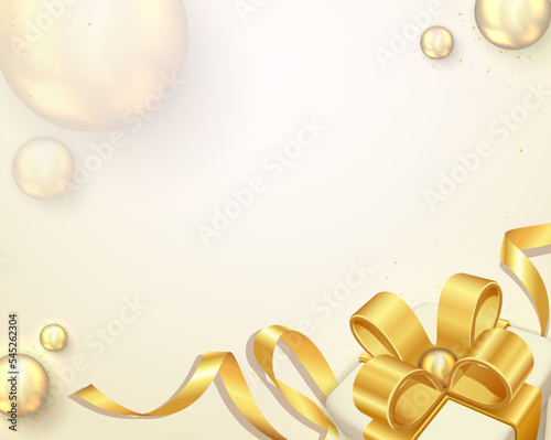 Design template with realistic gifts box. Decorative white gift box with golden bow and long ribbon isolated on white background. stock illustration