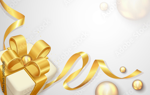 Design template with realistic gifts box. Decorative white gift box with golden bow and long ribbon isolated on white background. stock illustration