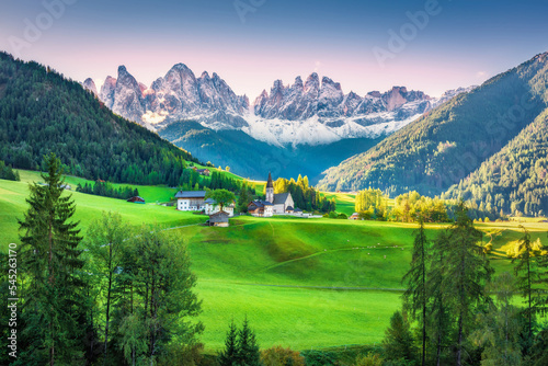 Santa Maddalena Village  Val di Funes  South Tyrol  Italy  Europe. Dolomites Alps. A wonderful mountain landscape in the beautiful morning light