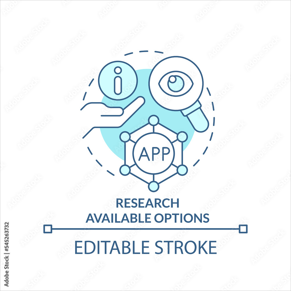 Research available options turquoise concept icon. Compare available business tools abstract idea thin line illustration. Isolated outline drawing. Editable stroke. Arial, Myriad Pro-Bold fonts used Research available options turquoise concept icon. Compare available business tools abstract idea thin line illustration. Isolated outline drawing. Editable stroke. Arial, Myriad Pro-Bold fonts used