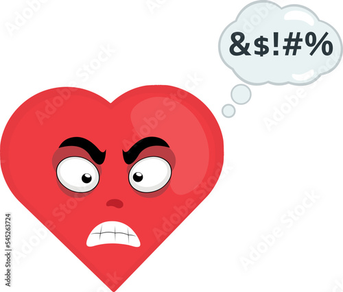vector illustration of cartoon character of a heart with an expression of anger and a cloud of thought with an insult text