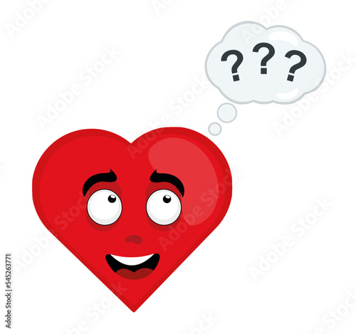 vector illustration of cartoon character of a heart with a thought cloud with question marks