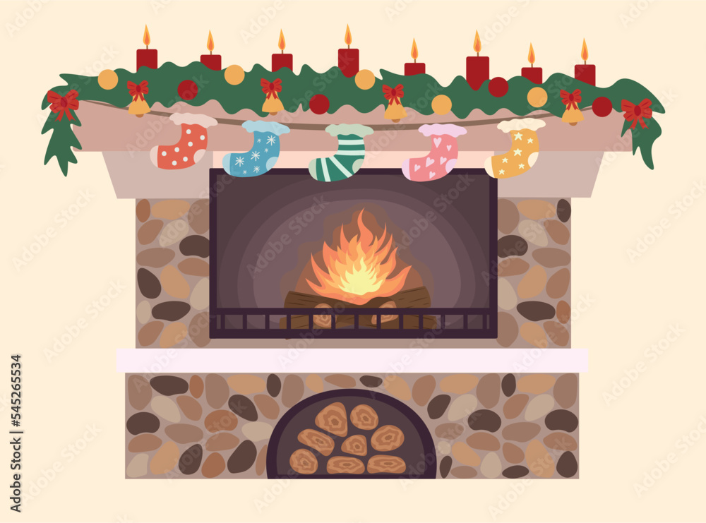 Vector flat image of a stone fireplace with Christmas decorations. A fireplace with firewood, a spruce branch with balls, bells and bows, as well as multi-colored socks are depicted.
