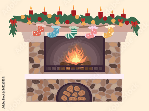 Vector flat image of a stone fireplace with Christmas decorations. A fireplace with firewood, a spruce branch with balls, bells and bows, as well as multi-colored socks are depicted.