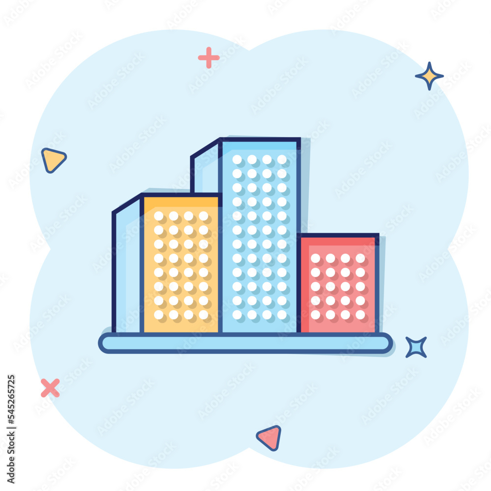 Obraz premium Building icon in comic style. Town skyscraper apartment cartoon vector illustration on white isolated background. City tower splash effect business concept.