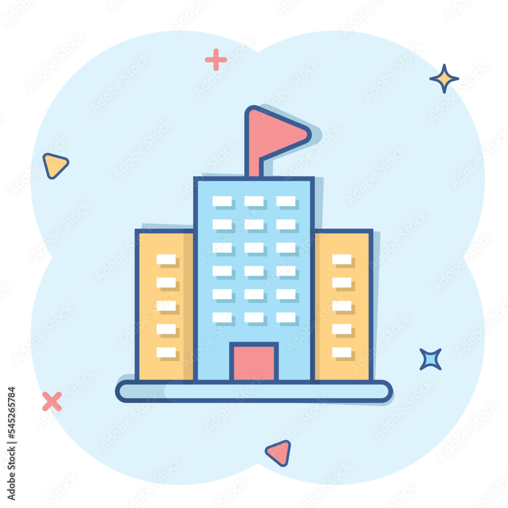 Building icon in comic style. Town skyscraper apartment cartoon vector illustration on white isolated background. City tower splash effect business concept. Building icon in comic style. Town skyscraper apartment cartoon vector illustration on white isolated background. City tower splash effect business concept.