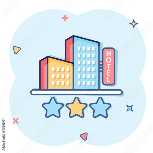 Hotel 3 stars sign icon in comic style. Inn building cartoon vector illustration on white isolated background. Hostel room splash effect business concept.